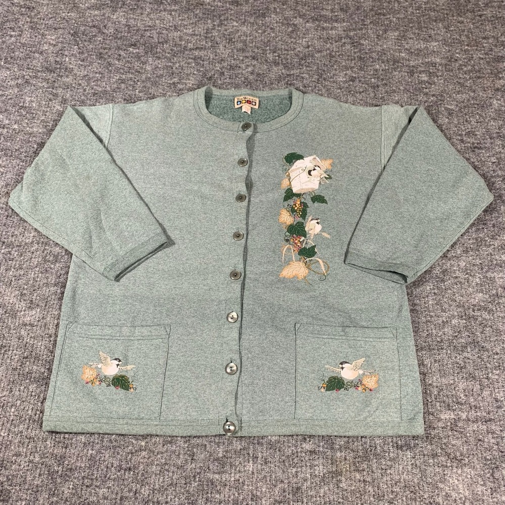 VTG The Woods Sweater Womens Large Green Cardigan Birds Garden Pockets Canada